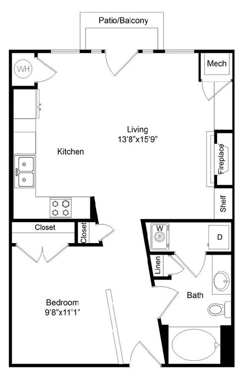 Floor plan for 1 bed, 1 bath, 658 sqft